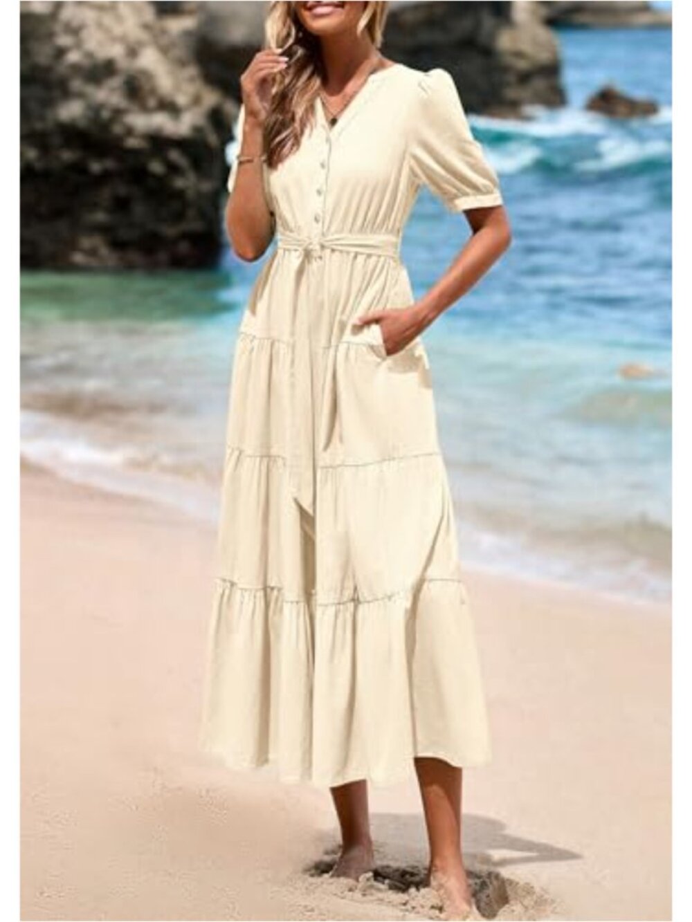 Flowy A-Line Midi Dress with Belt, Short Sleeve V-Neck Ruffle Beach Vacation - Picture 3 of 6